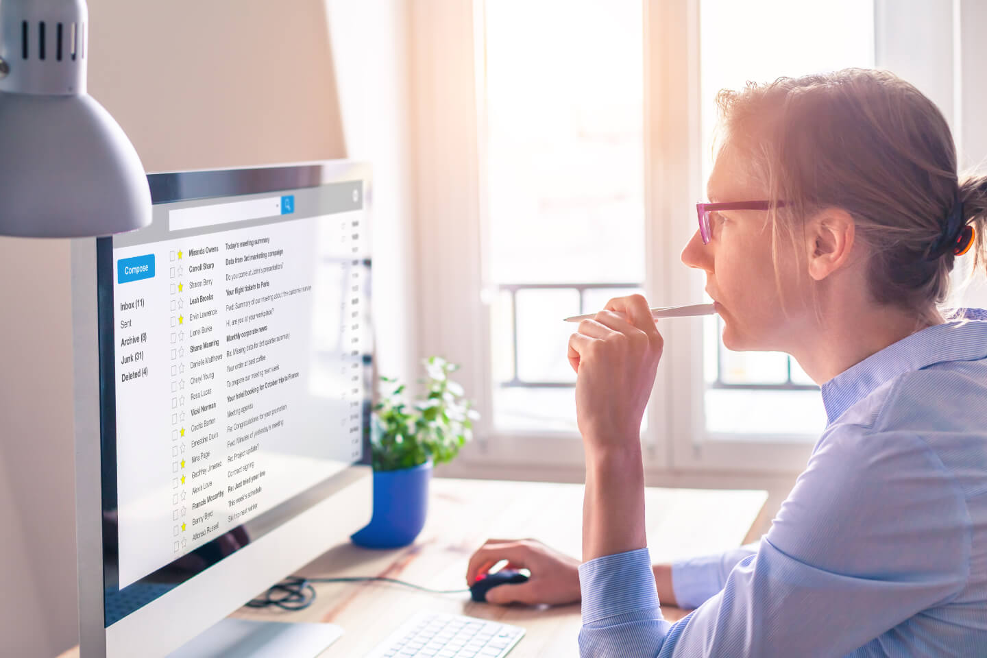 A woman reading her emails