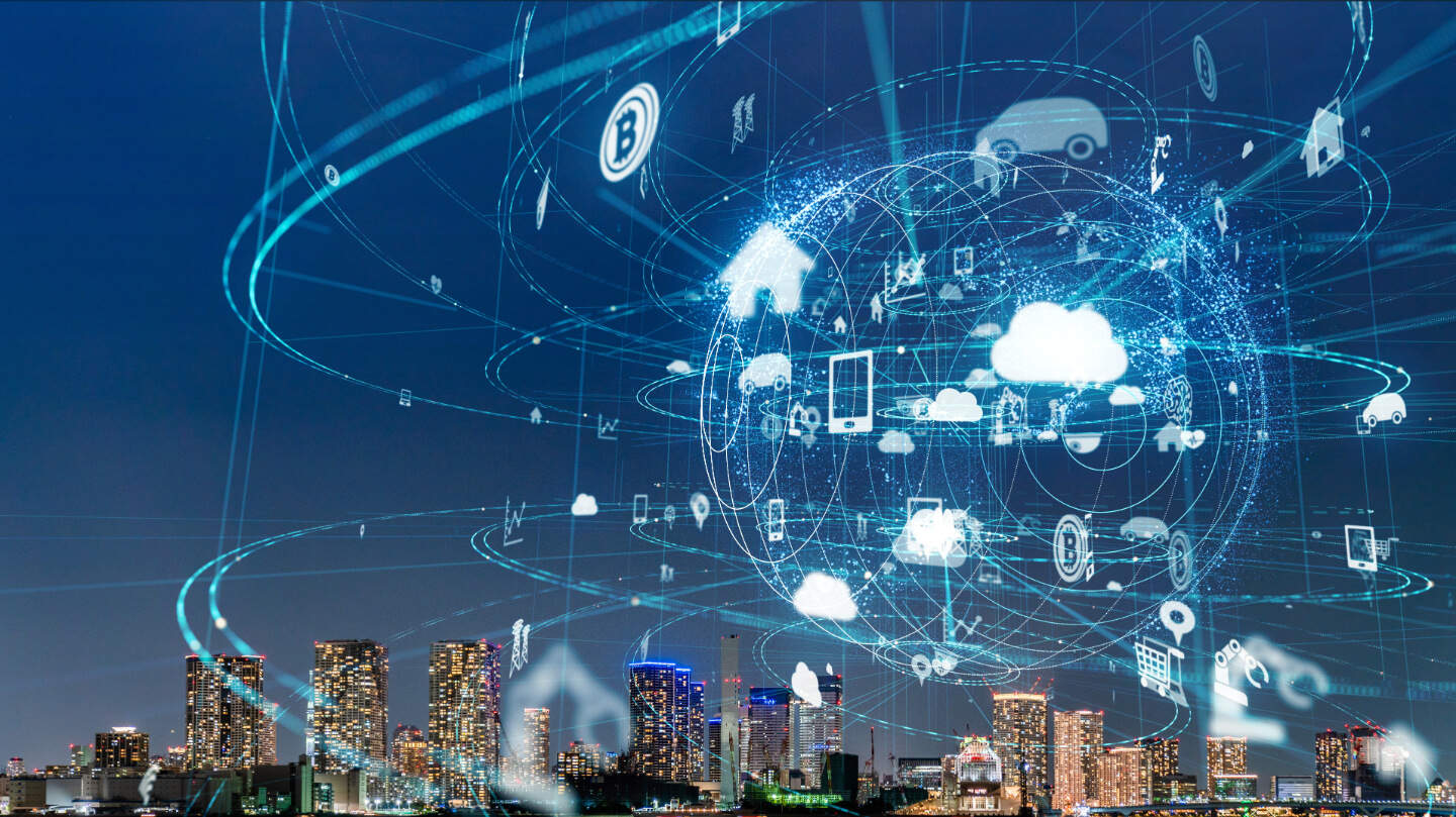 An image floats in the sky showing how the digital cloud connects the world