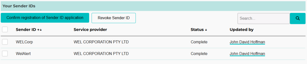 A completed sender ID registration, as viewed by an entity